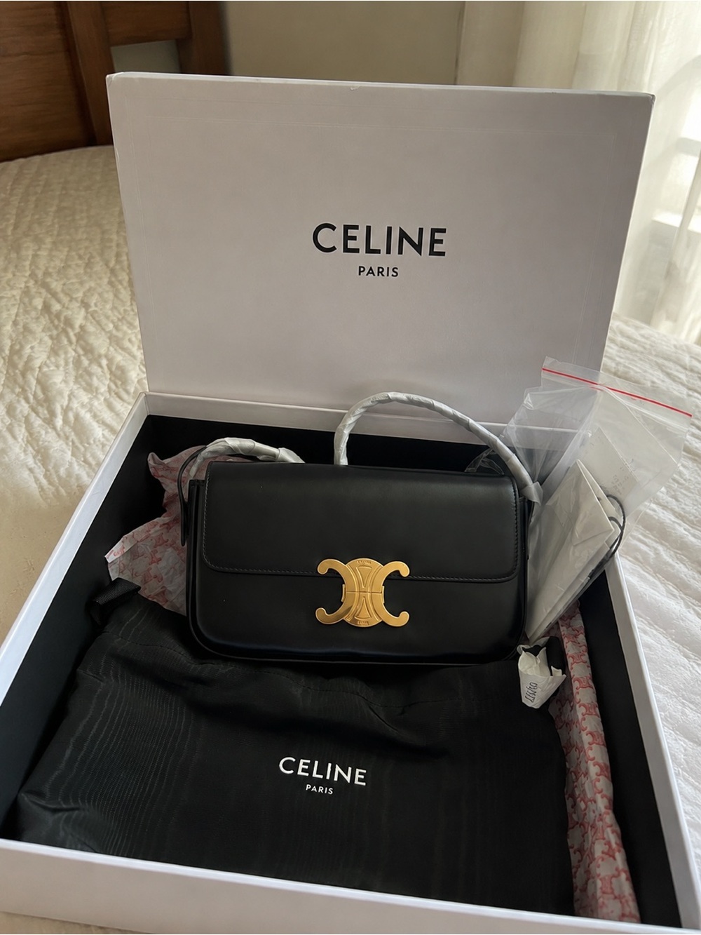 Celine Black Leather Shoulder Bag with Gold Triomphe Clasp